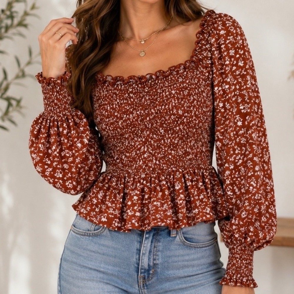 Bella Ella Boutique Smocked Peplum Blouse Rust Floral Boho Cottagecore Large